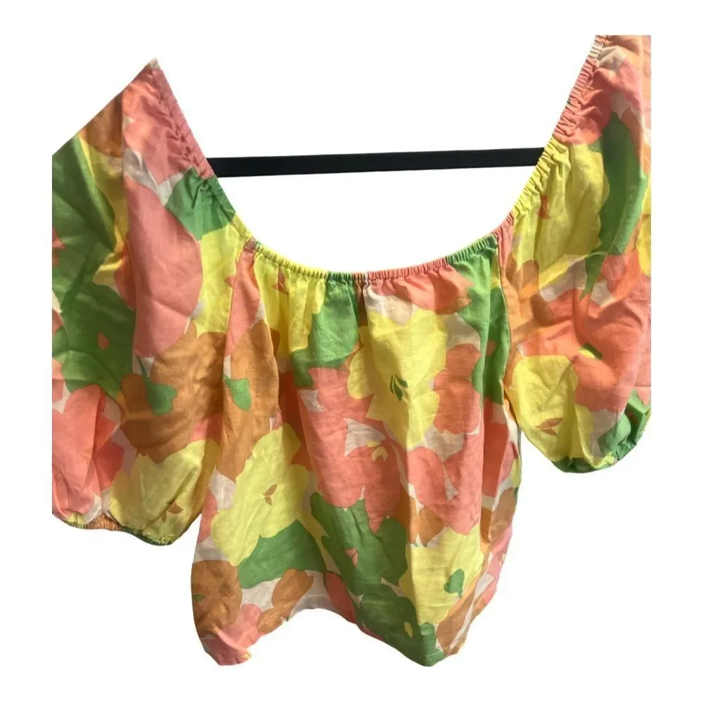 🛍️ SANCTUARY ANTHRO yellow green floral off shoulder cropped top blouse size sm